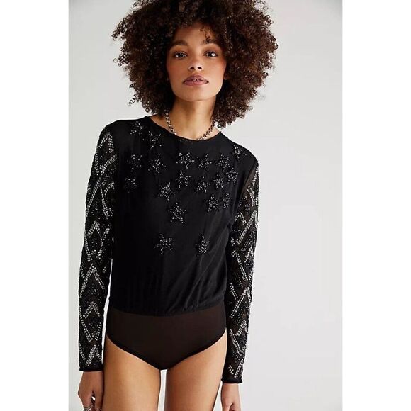 NWT FREE PEOPLE Sz M STARGAZER BODYSUIT SEQUIN EMBELLISHED MESH IN BLACK - Picture 2 of 5